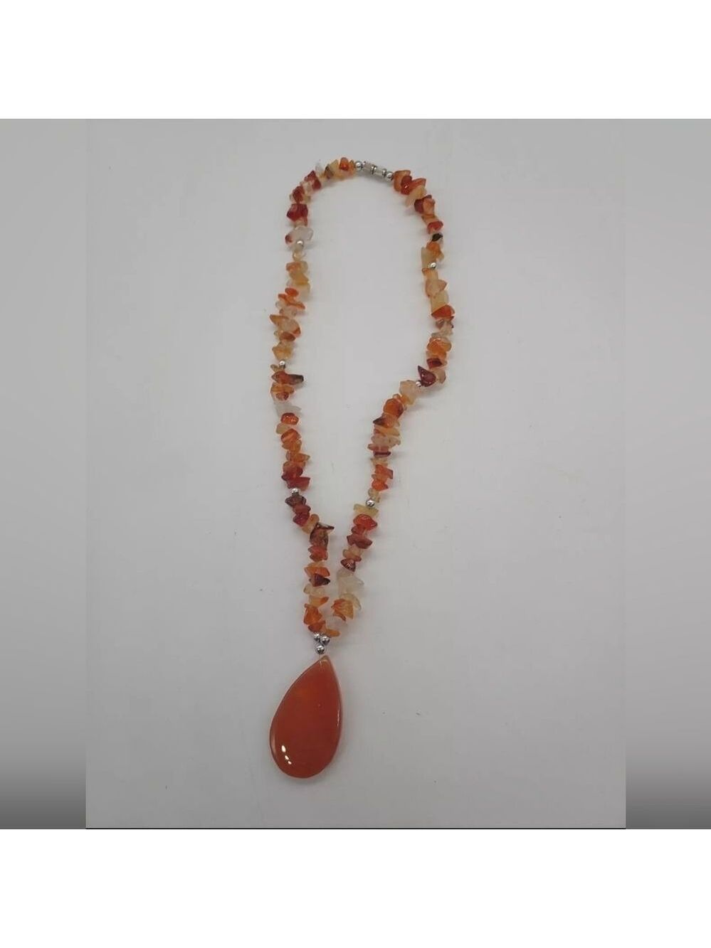 Vintage Carnelian Quartz Necklace 17.5" Single Strand With Stone Pendant